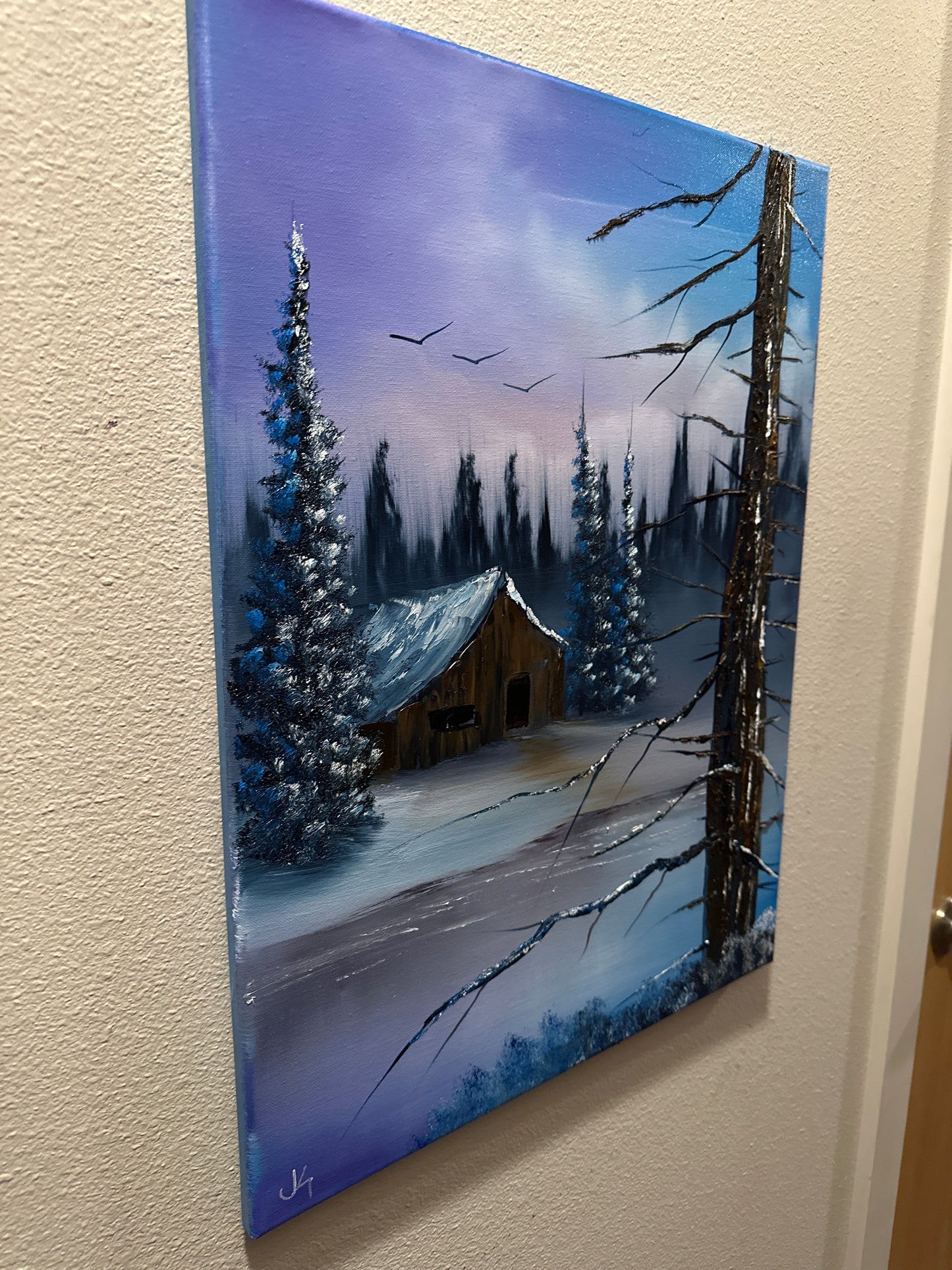 Painting #1532 - 18x24 Canvas - Winter Cabin Landscape