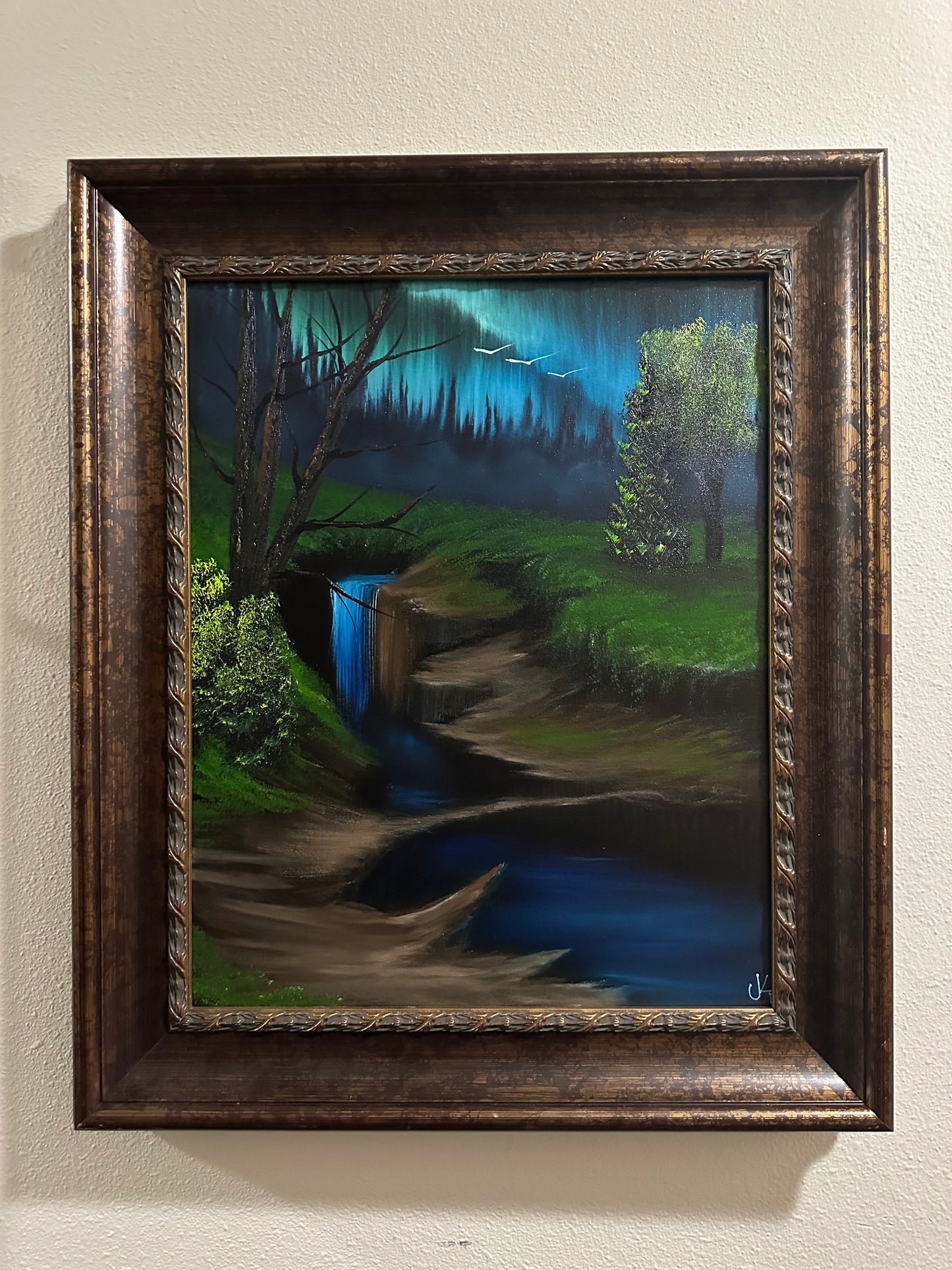 Painting 1373 - 16x20" Canvas - Collapsed Cave Waterfall painted Live on TikTok on 7/1/24 by PaintWithJosh