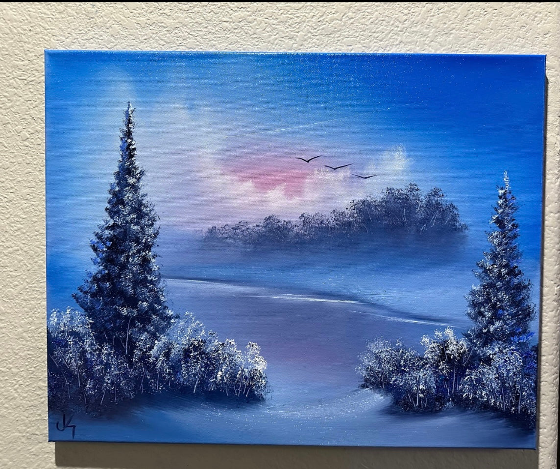 Painting 1243 - 16x20" Canvas - Alaskan River Landscape painted Live on TikTok on 4/1/24 by PaintWithJosh