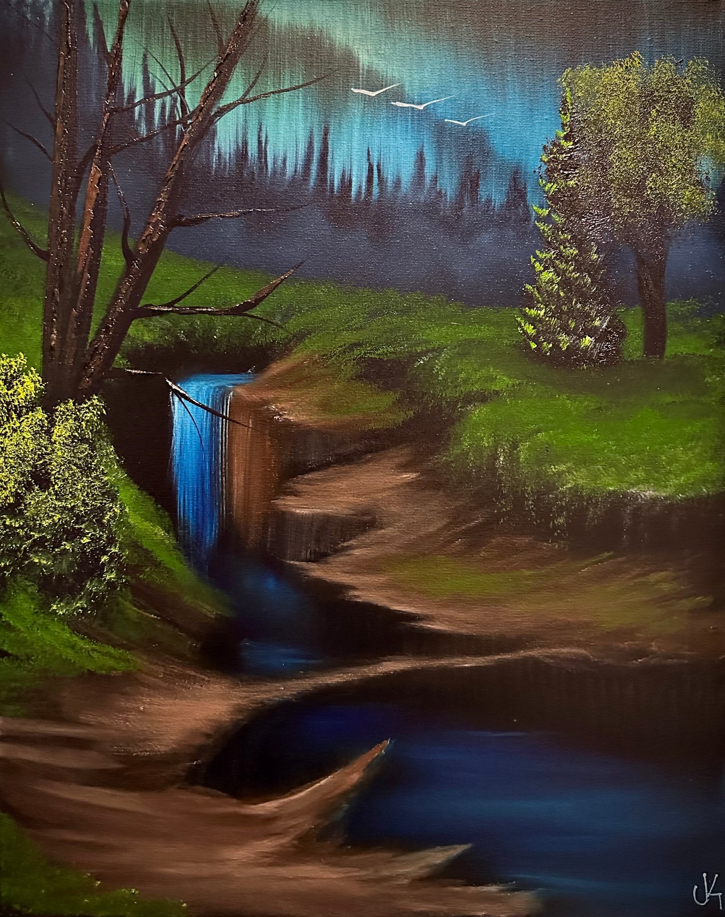 Painting 1373 - 16x20" Canvas - Collapsed Cave Waterfall painted Live on TikTok on 7/1/24 by PaintWithJosh