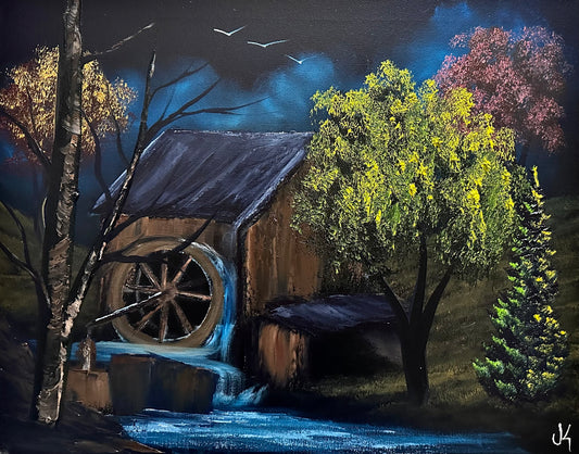 Painting 1363 - 16x20" Canvas - Old Mill Water Wheel painted Live on TikTok on 6/27/24 by PaintWithJosh