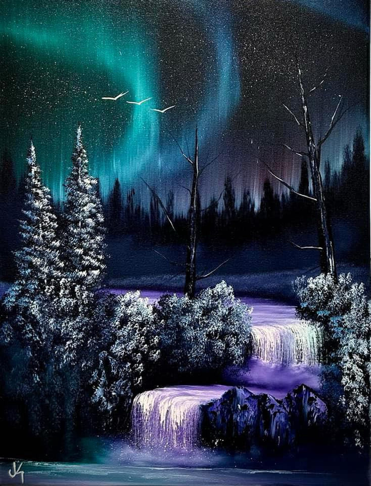 Painting #1384- 16x20" Canvas - Aurora Waterfall Painted on 7/11/24