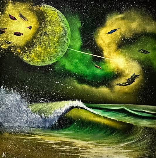 Painting 1411- 24x24" Pro Series Canvas Exploding Moon Seascape painted Live on TikTok 7/27/24 by PaintWithJosh