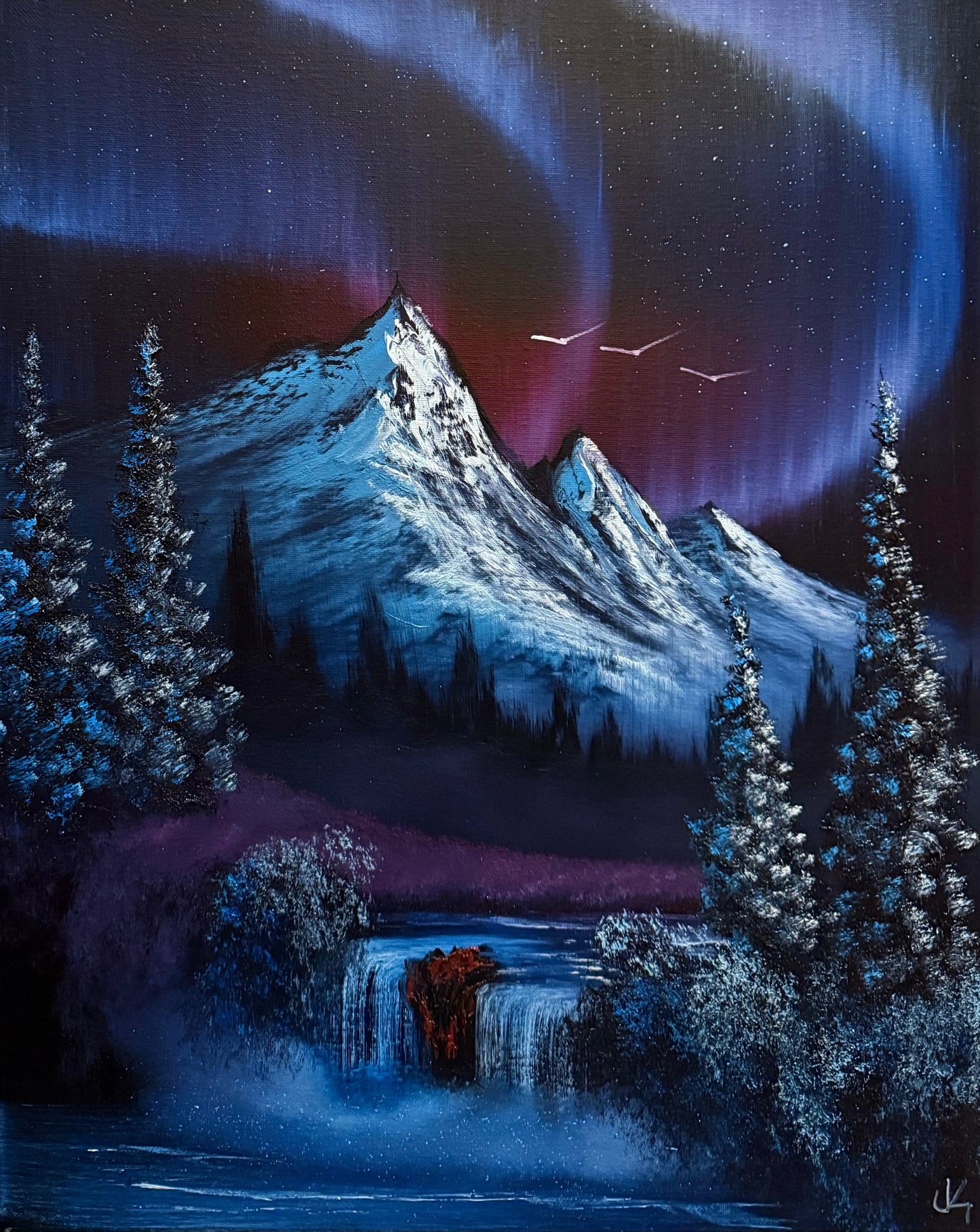 Painting #1568 - 16x20" Canvas - Aurora Mountain Waterfall