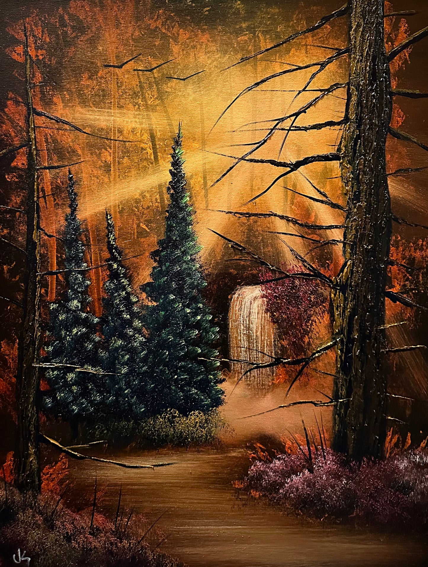 Painting #1547 - 18x24 Canvas - Autumn Forest Waterfall