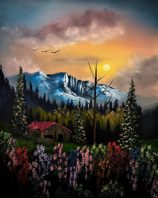 Painting 1431 - 24x30" Pro Series Canvas - Sunset Mountain painted Live on TikTok 8/9/24 by PaintWithJosh