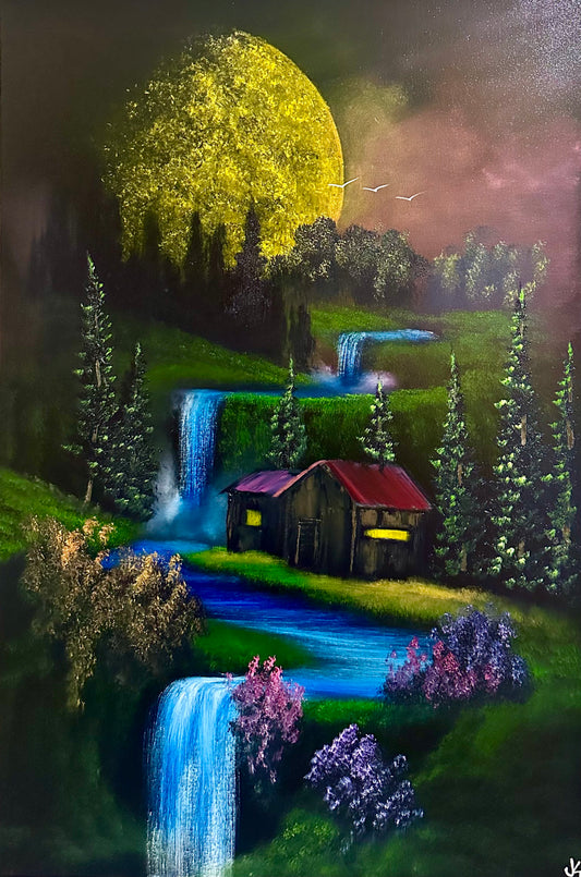 Painting #1456 - 24x36" Canvas - Full Moon Waterfall Cabin Landscape