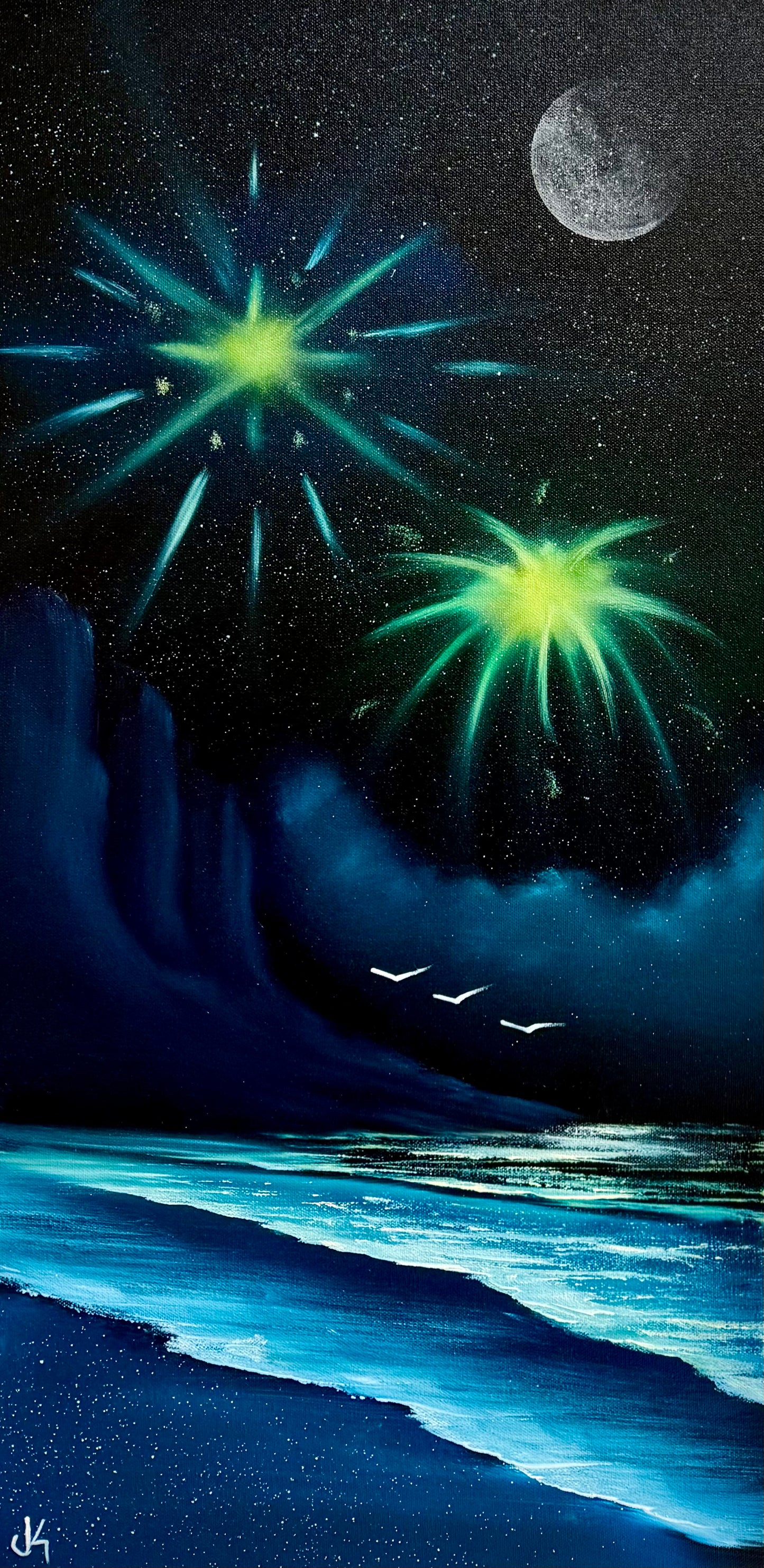 Painting #1626 - 15x30" Pro Series Canvas - Fireworks Seascape Painted LIVE on 12/28/24