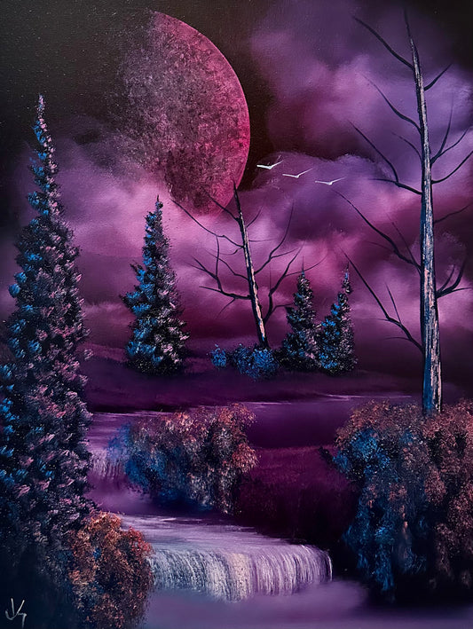 Painting #1400 - 18x24" Canvas - Full Moon Waterfall Painted on 7/18/24