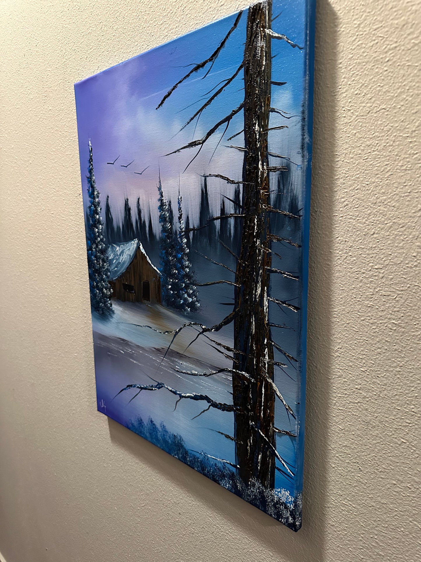 Painting #1532 - 18x24 Canvas - Winter Cabin Landscape