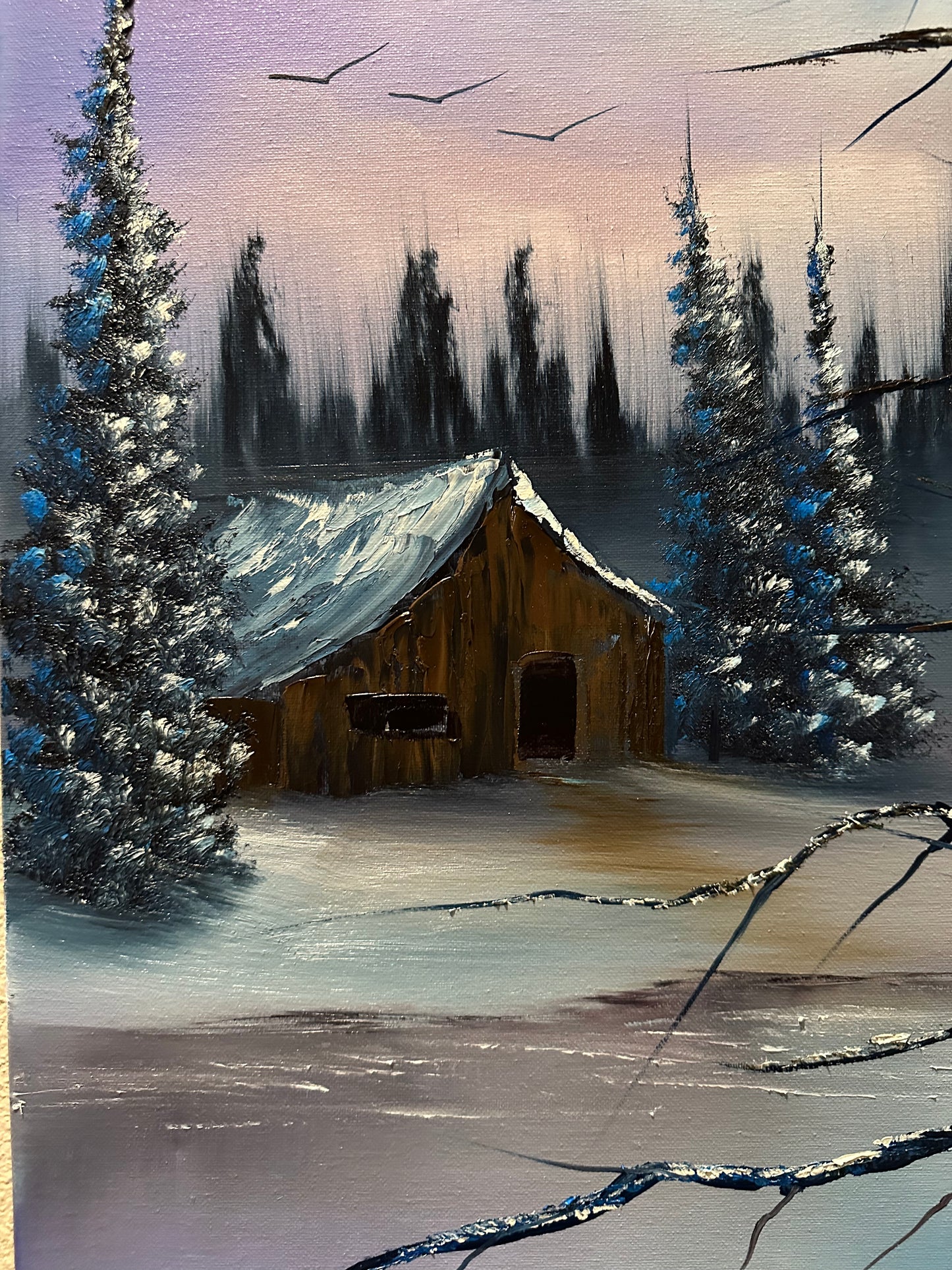 Painting #1532 - 18x24 Canvas - Winter Cabin Landscape