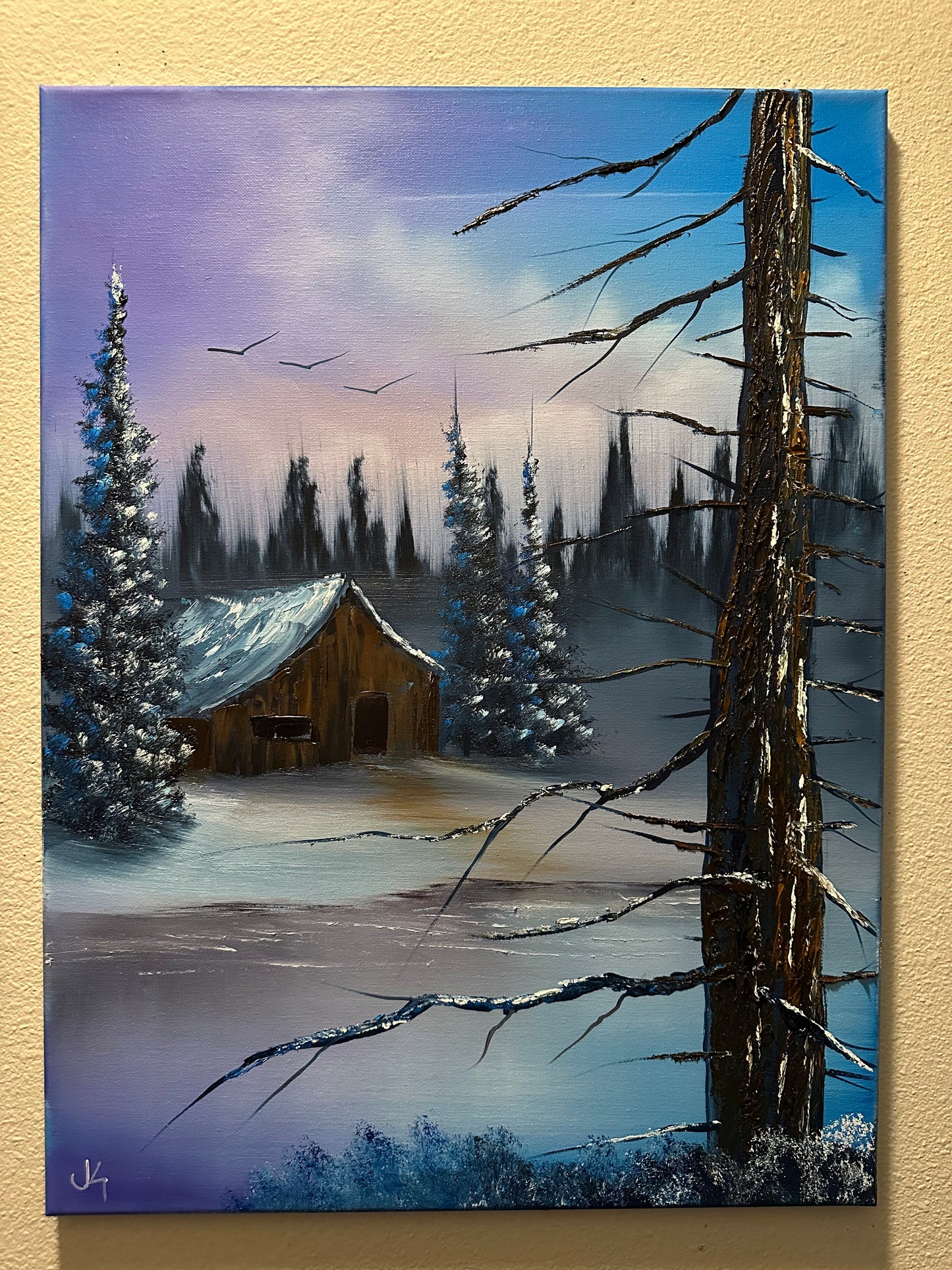 Painting #1532 - 18x24 Canvas - Winter Cabin Landscape