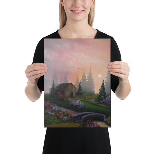 Canvas Print - Limited Edition - River Of Joy - Sunset Cabin with Babbling Brook and Bridge by PaintWithJosh