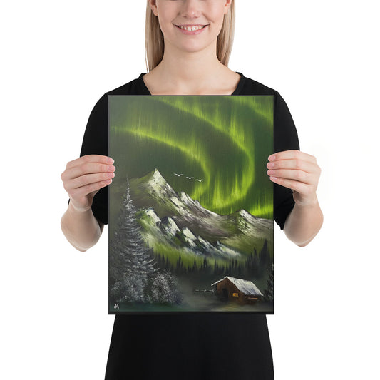 Canvas Print - Limited Edition - The Last Frontier - Green Aurora Borealis Mountain Landscape with a Cabin by PaintWithJosh