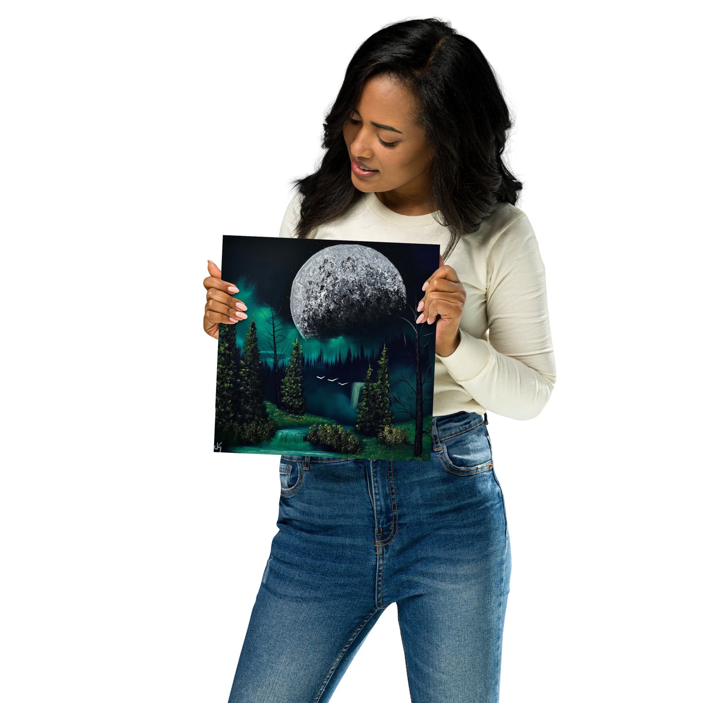 Poster Print - Full Moon over Forest Waterfall by PaintWithJosh