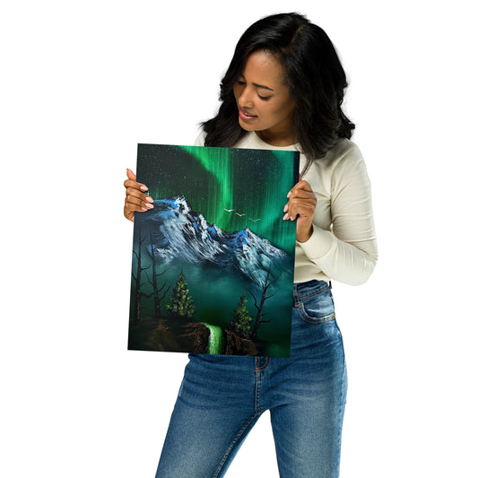 Poster Print - Green Aurora Borealis Mountain Waterfall by PaintWithJosh