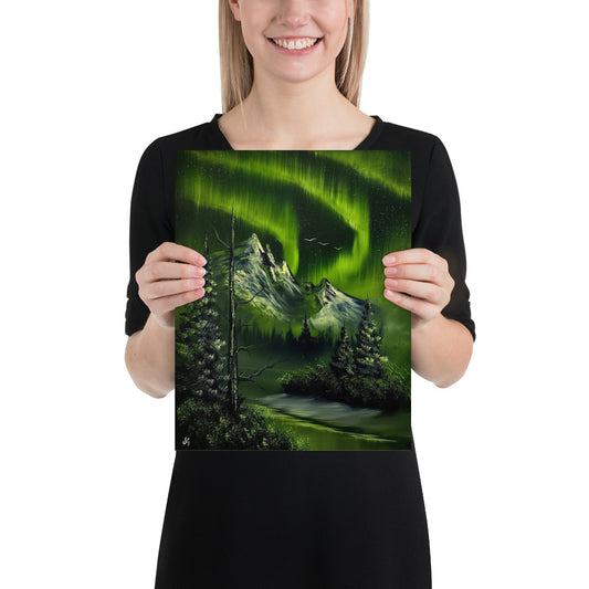 Poster Print - Green Aurora Borealis Mountain Landscape by PaintWithJosh