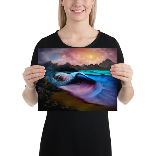 Poster Print - Sunset Seascape with Crashing Wave by PaintWithJosh