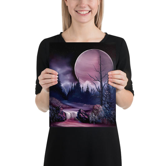 Poster Print - Pink Full Moon River Waterfall Landscape by PaintWithJosh