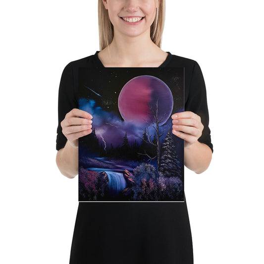 Poster Print - Pink / Purple Full Moon River Waterfall Landscape by PaintWithJosh