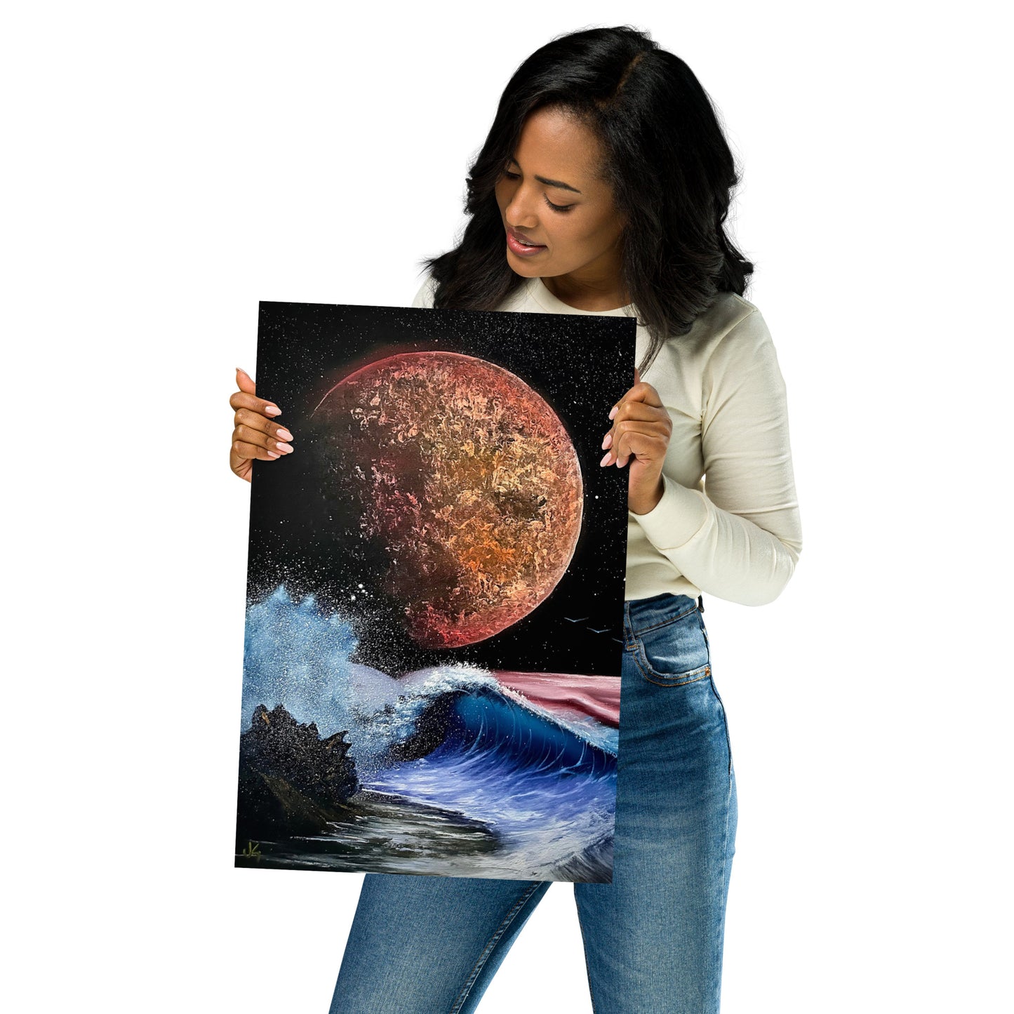 Poster Print - Full Moon Seascape with Crashing Waves by PaintWithJosh