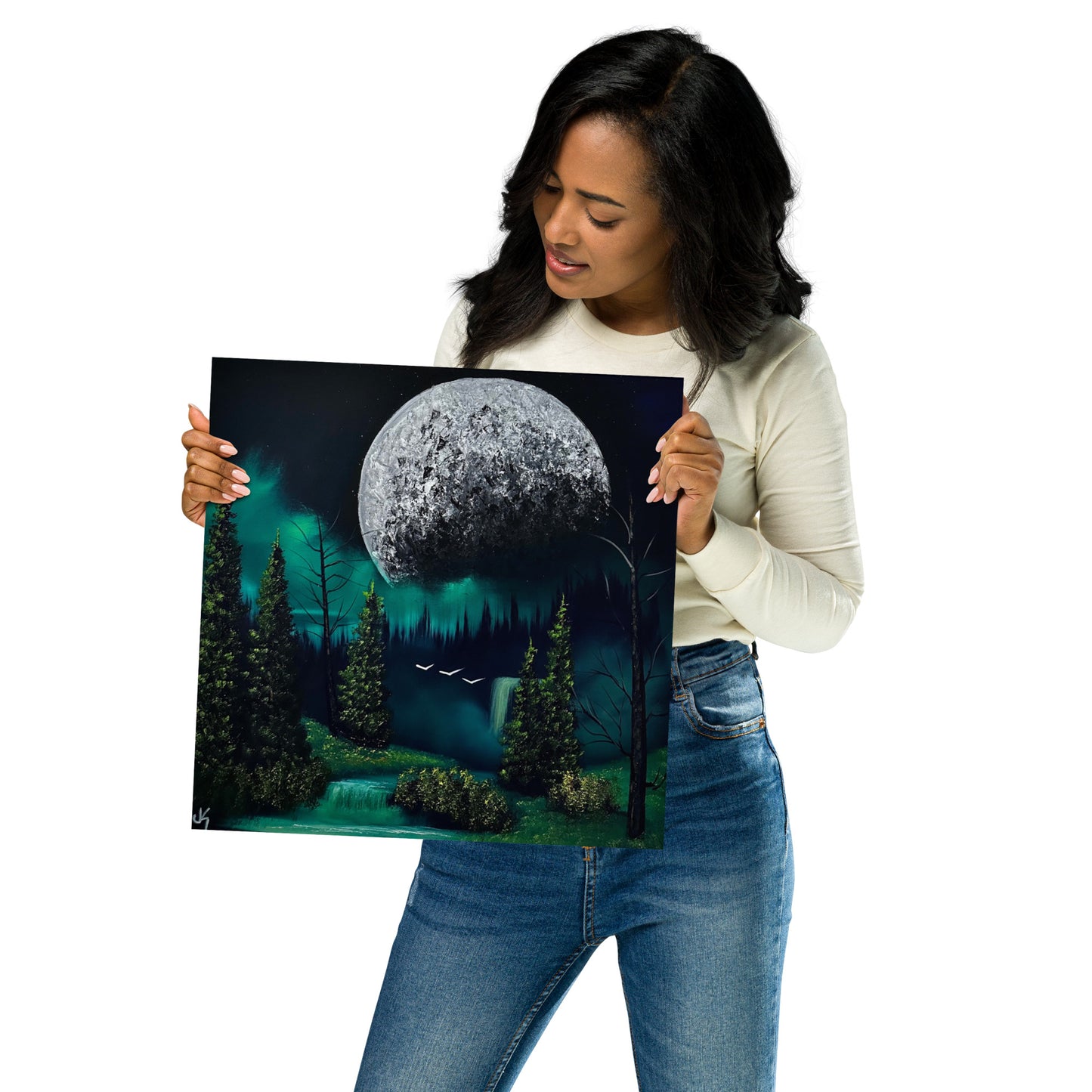 Poster Print - Full Moon over Forest Waterfall by PaintWithJosh