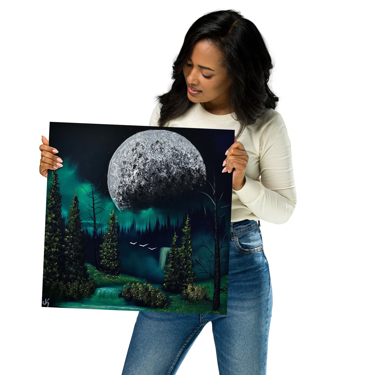 Poster Print - Full Moon over Forest Waterfall by PaintWithJosh