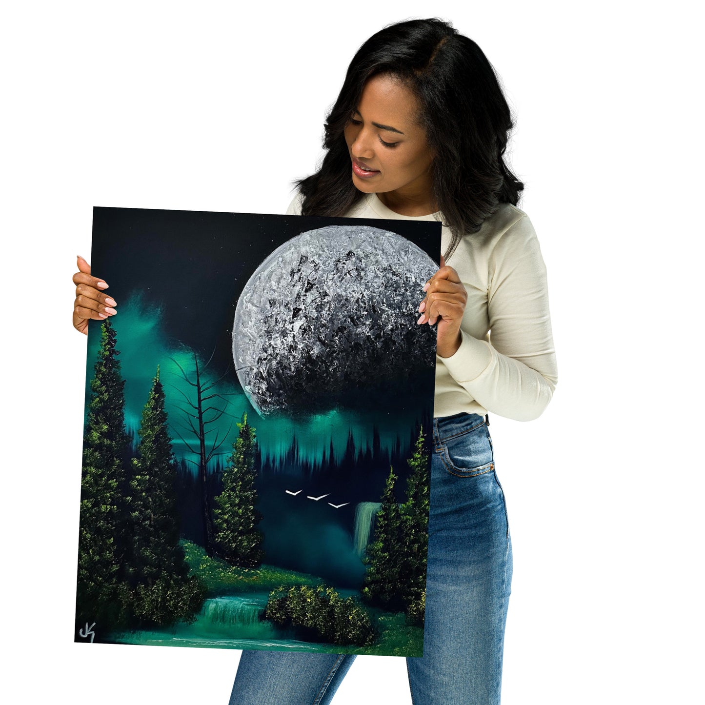 Poster Print - Full Moon over Forest Waterfall by PaintWithJosh