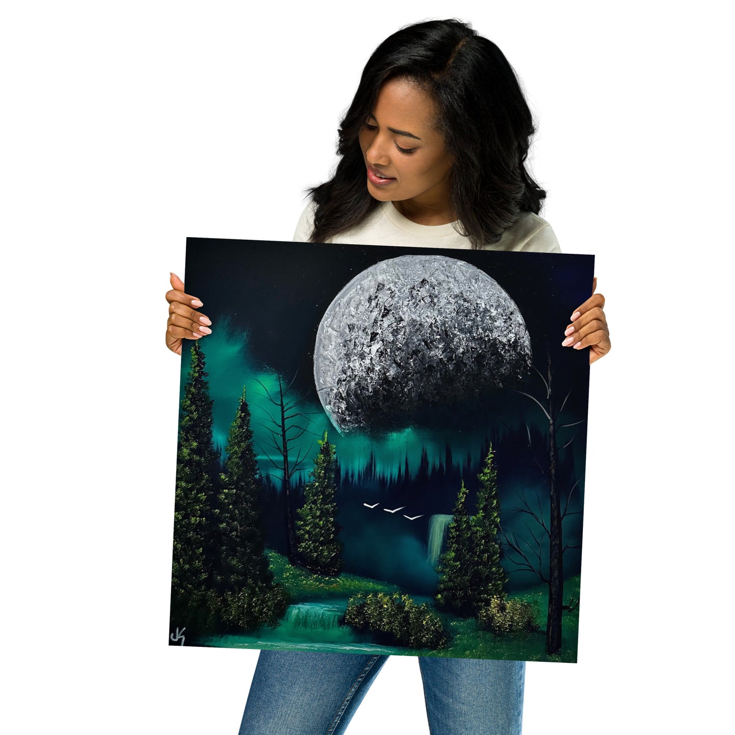 Poster Print - Full Moon over Forest Waterfall by PaintWithJosh