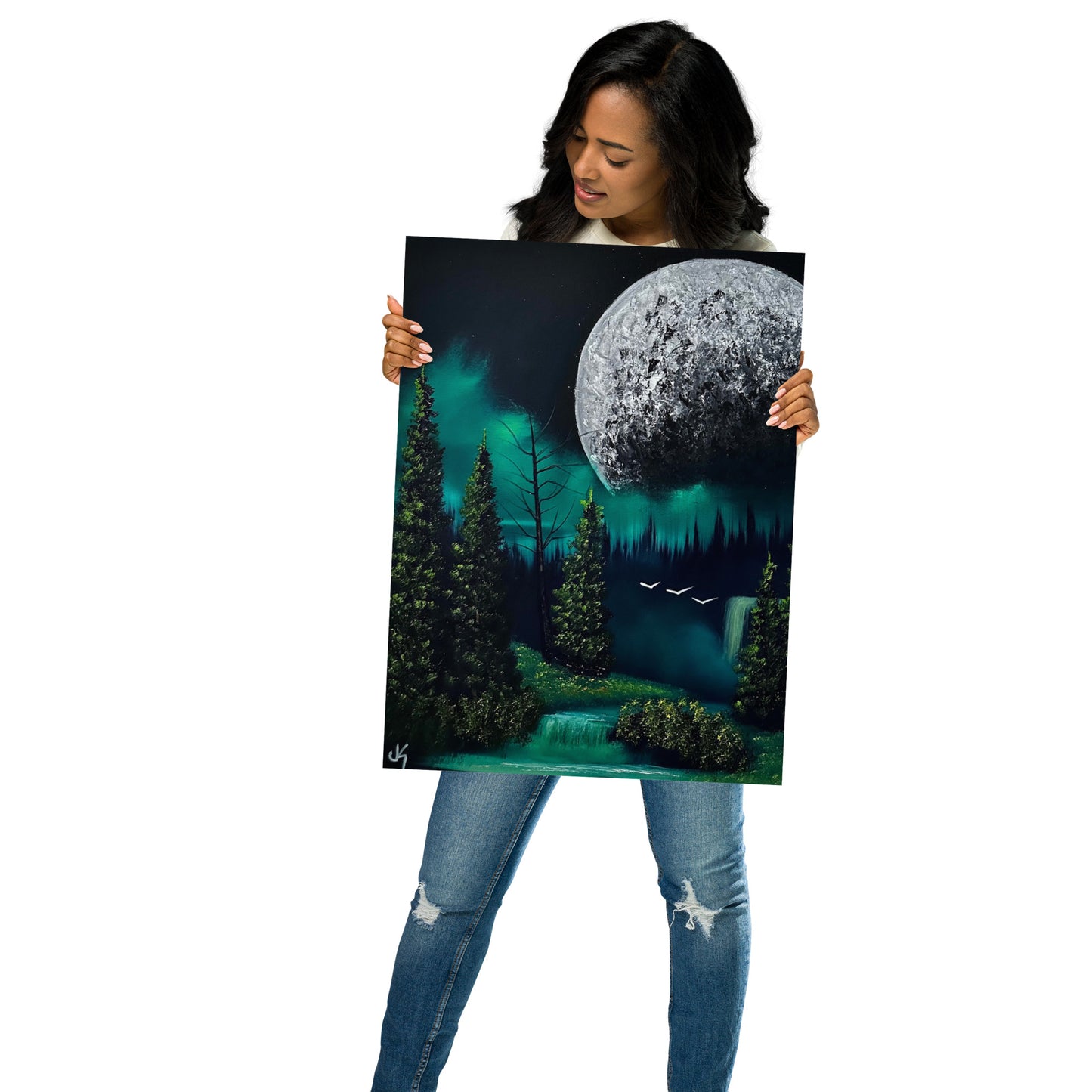 Poster Print - Full Moon over Forest Waterfall by PaintWithJosh