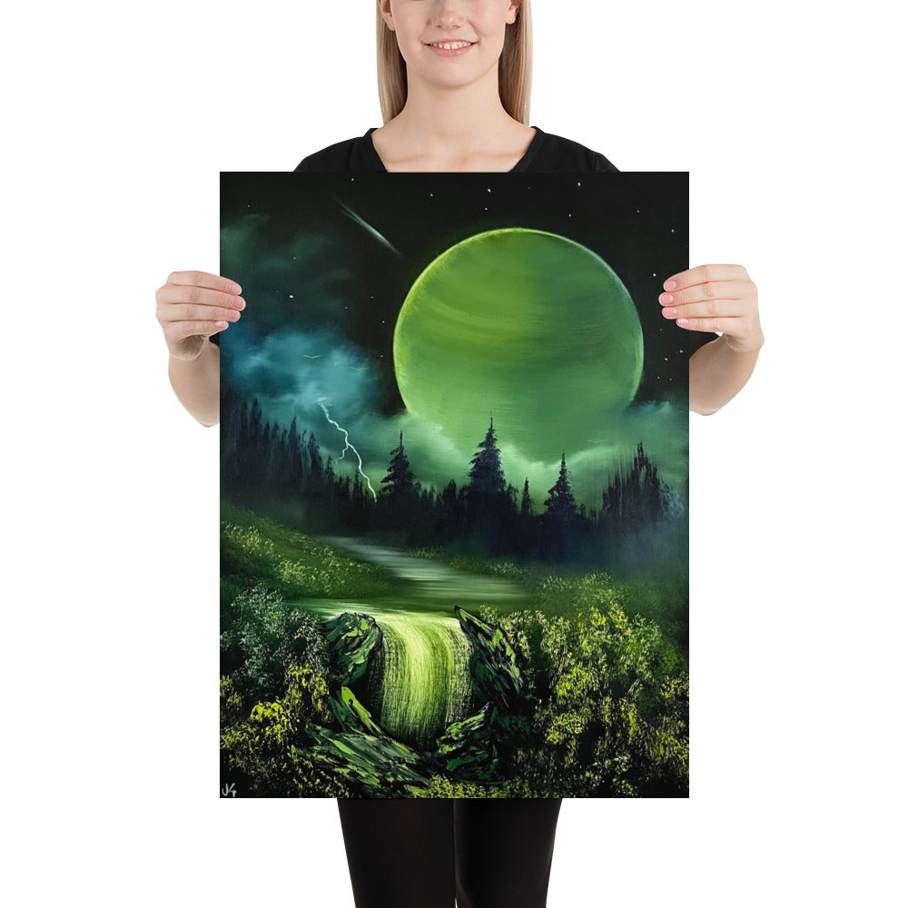 Poster Print - Green Full Moon River Waterfall Landscape by PaintWithJosh