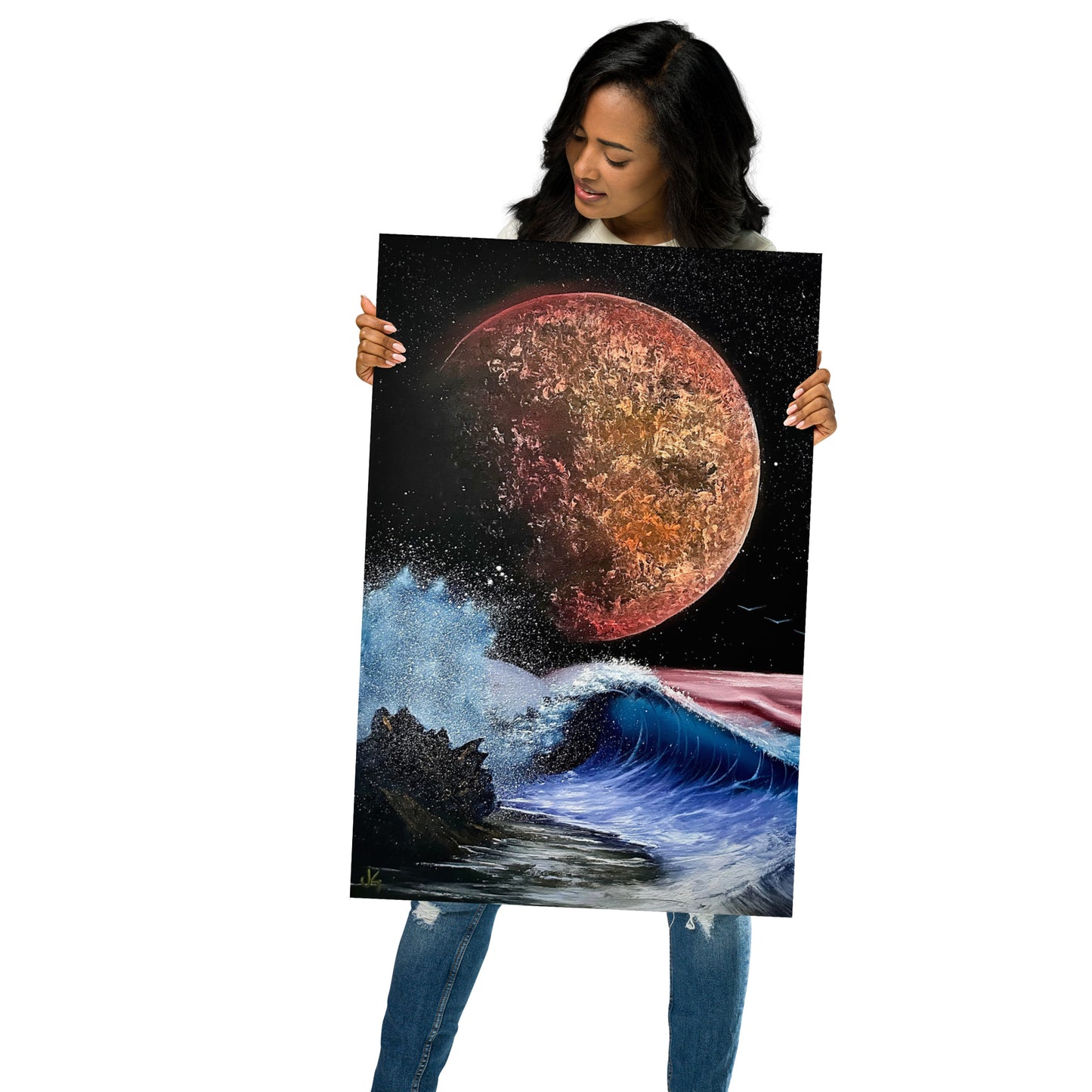 Poster Print - Full Moon Seascape with Crashing Waves by PaintWithJosh