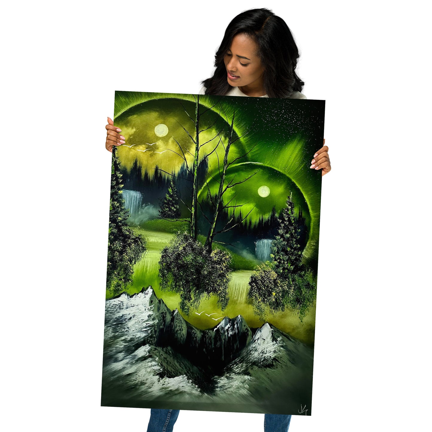 Poster Print - Green Double Portal Waterfall over Mountains by PaintWithJosh