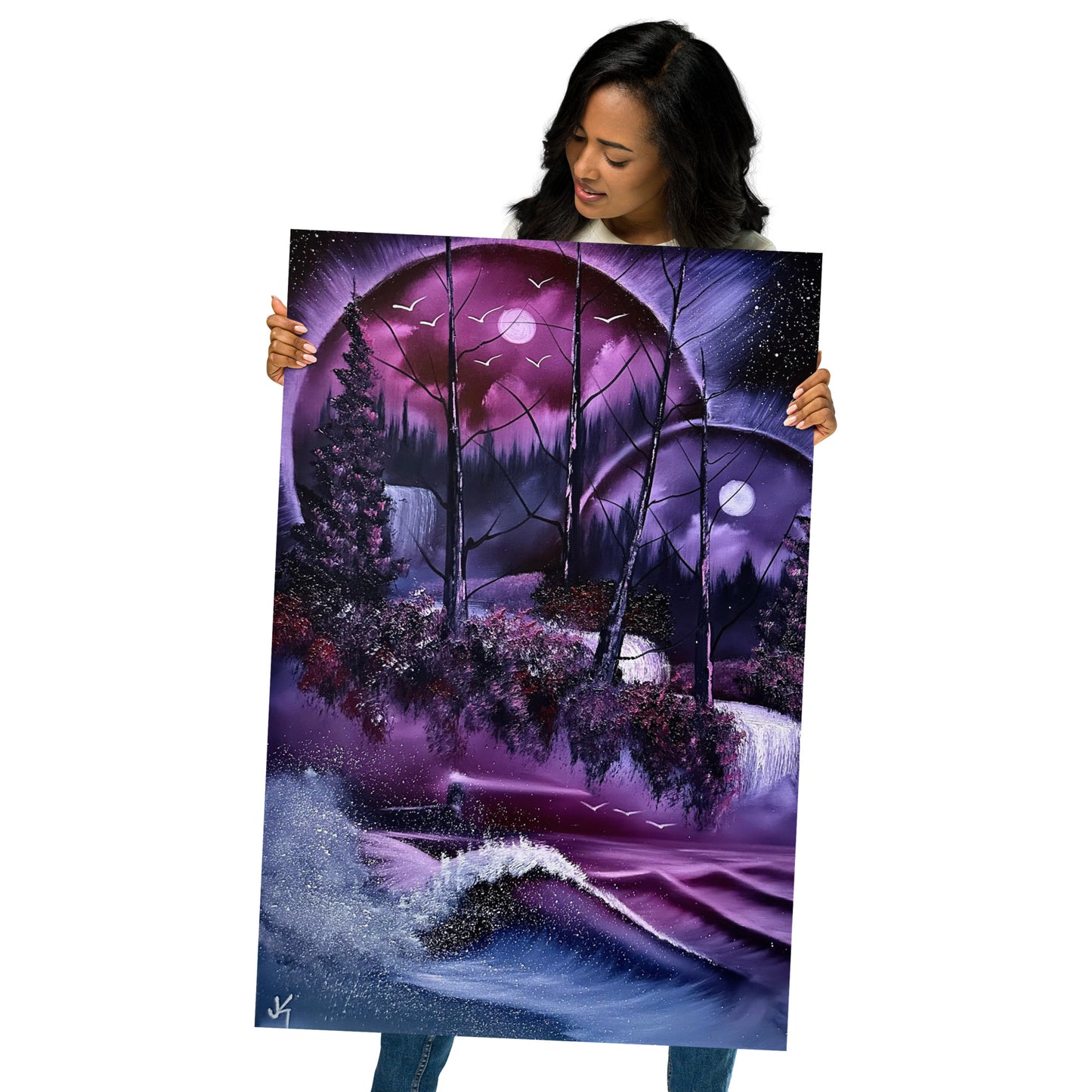 Poster Print - Pink and Purple Double Portal Waterfall Seascape with Lighthouse by PaintWithJosh