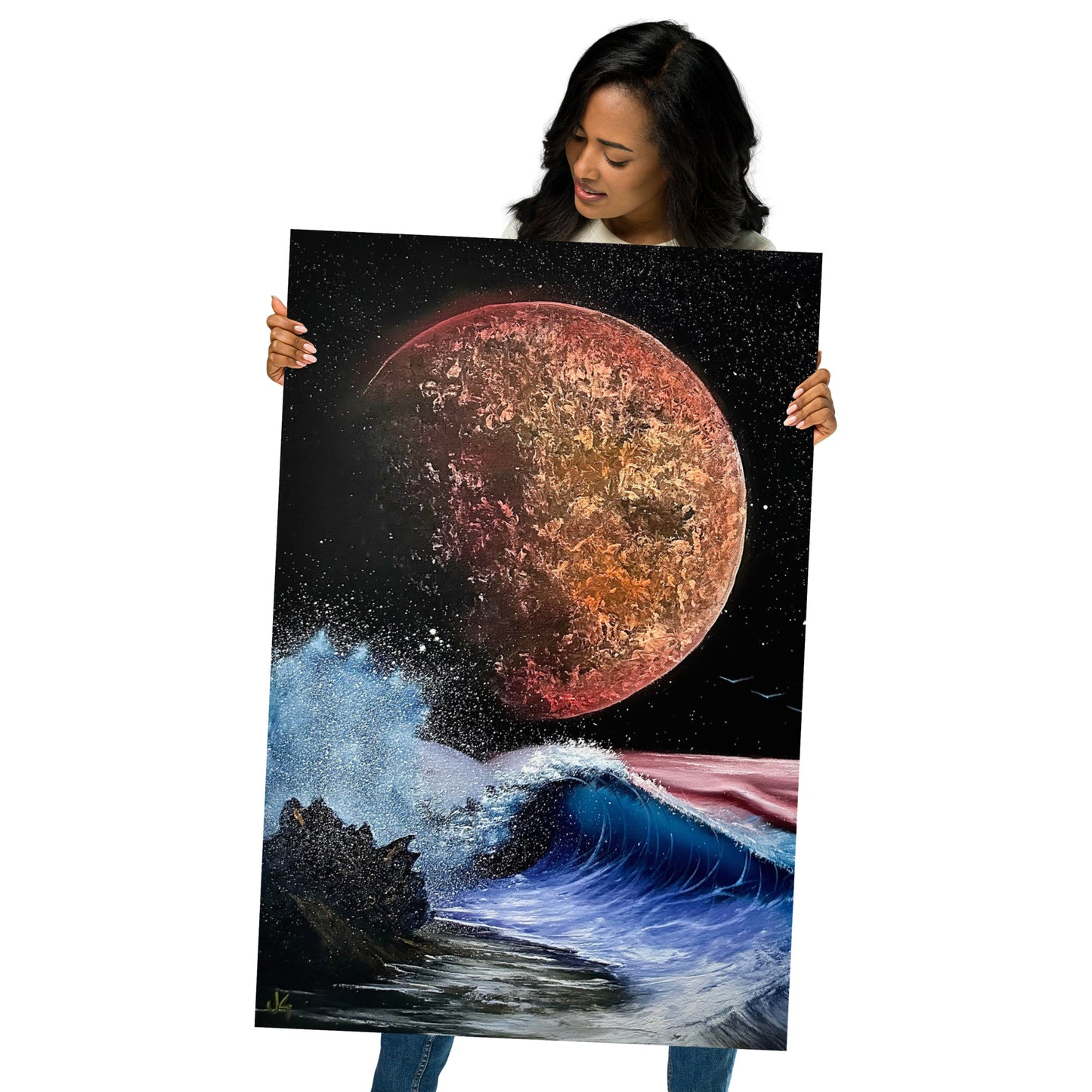 Poster Print - Full Moon Seascape with Crashing Waves by PaintWithJosh