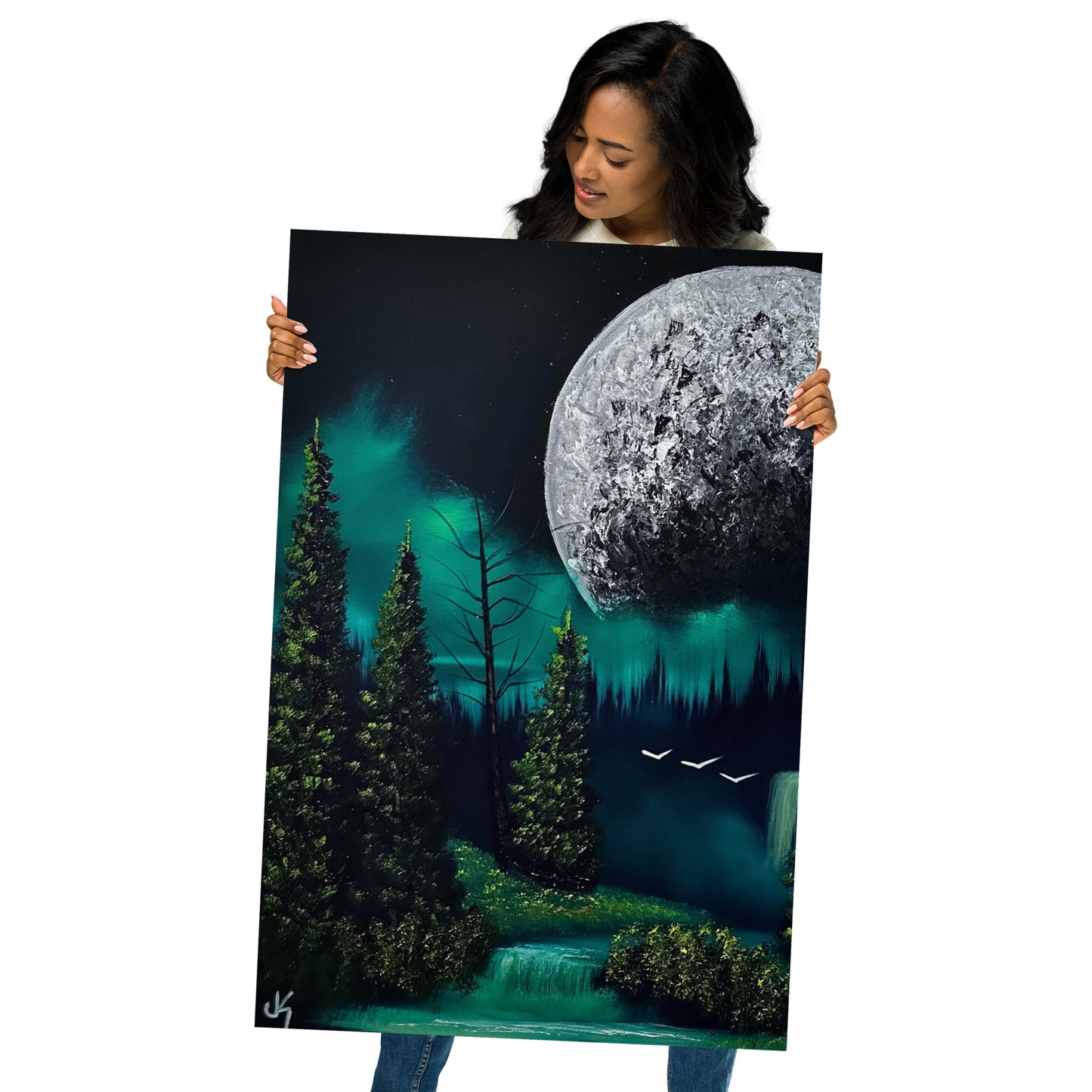 Poster Print - Full Moon over Forest Waterfall by PaintWithJosh