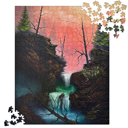 Sunset Waterfall Canyon Jigsaw Puzzle by PaintWithJosh