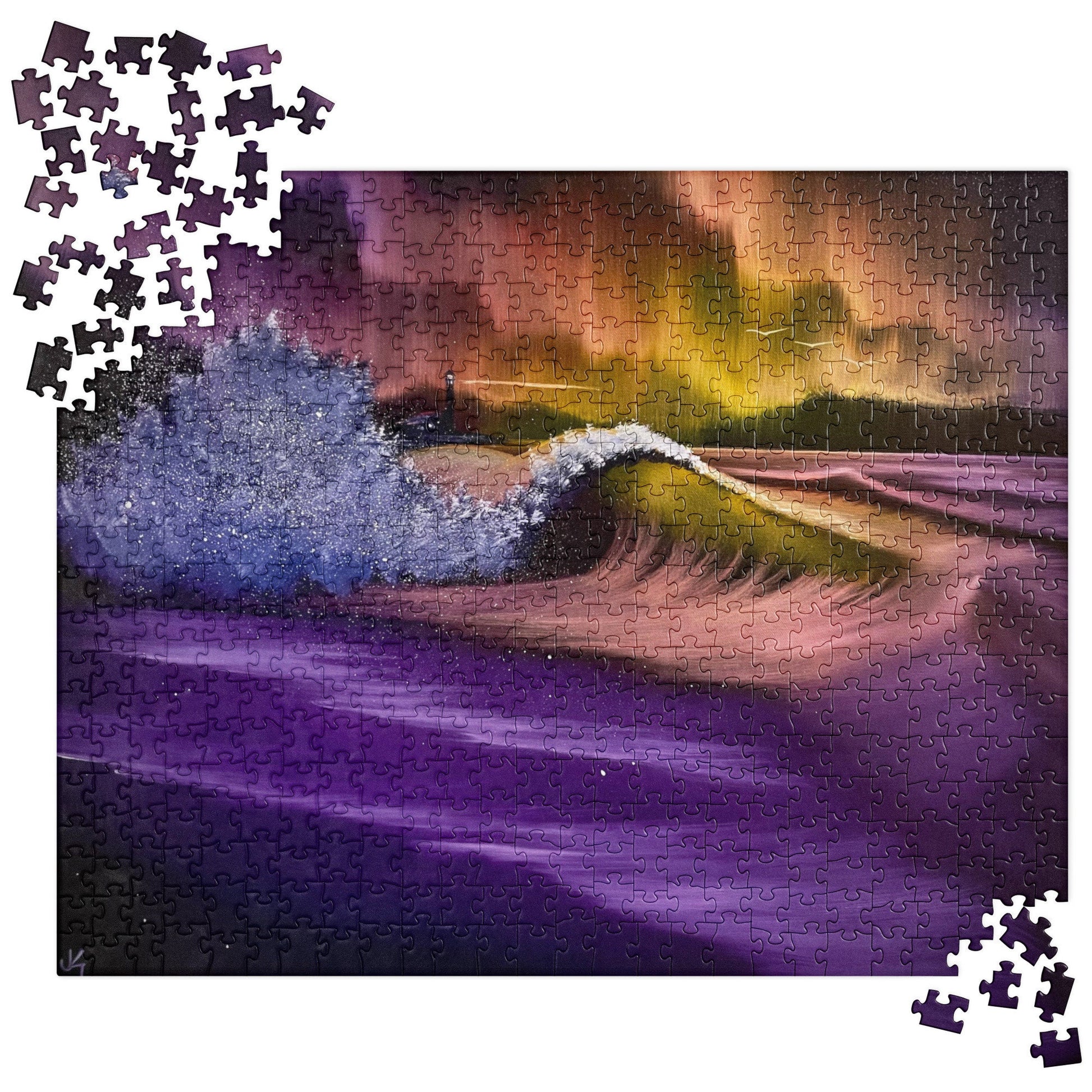 Purple Aurora Lighthouse Seascape Jigsaw Puzzle by PaintWithJosh