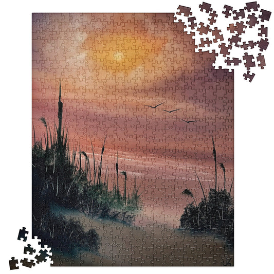 Sunset Seascape Cattails Jigsaw Puzzle by PaintWithJosh