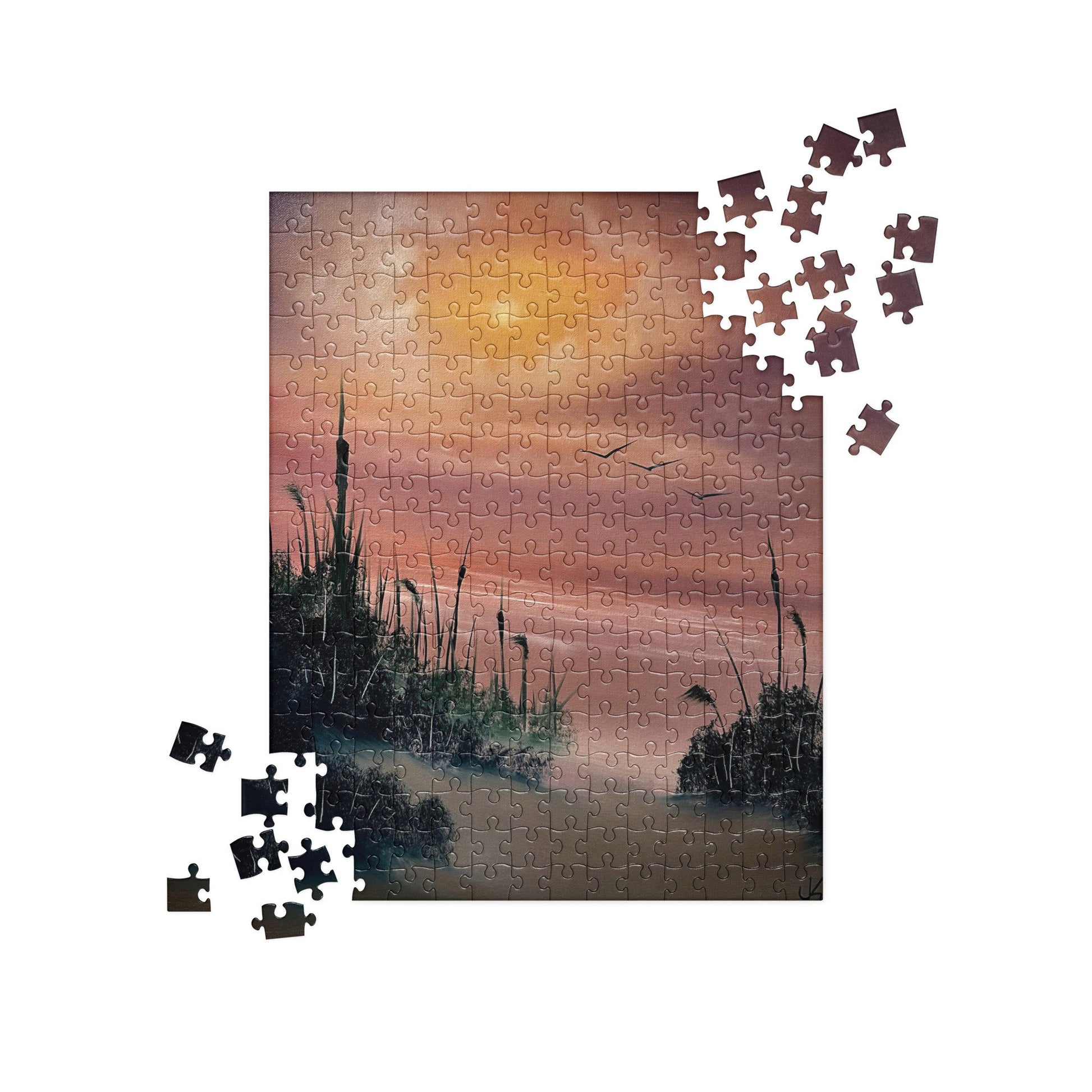 Sunset Seascape Cattails Jigsaw Puzzle by PaintWithJosh