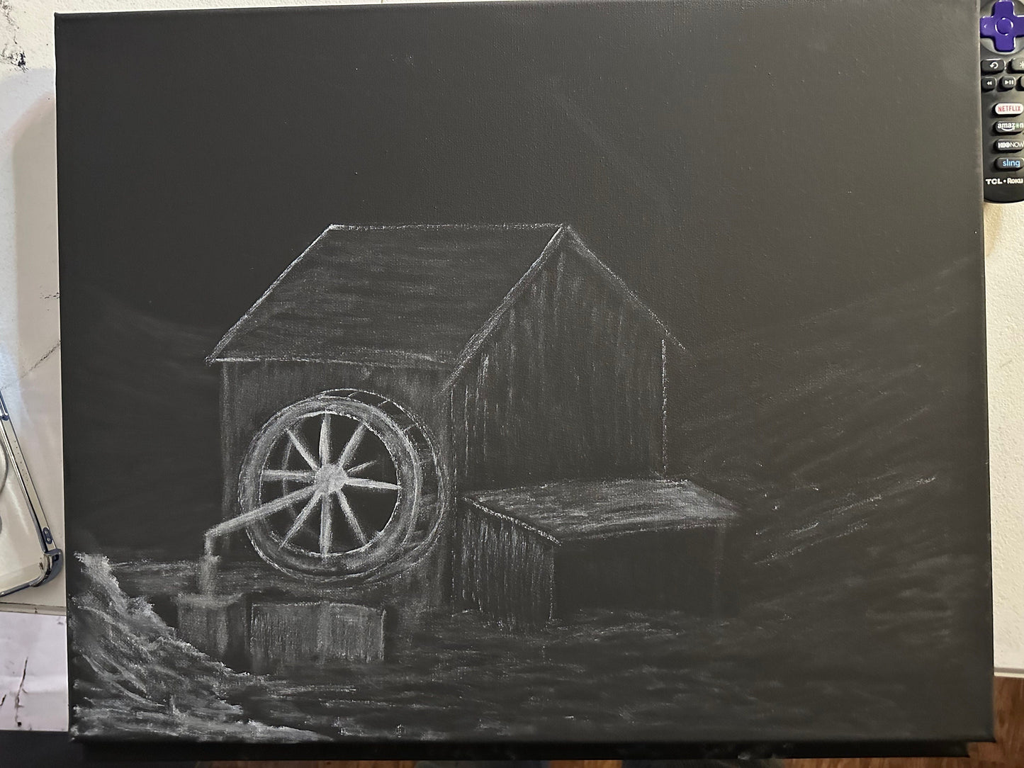 Painting 1363 - 16x20" Canvas - Old Mill Water Wheel painted Live on TikTok on 6/27/24 by PaintWithJosh