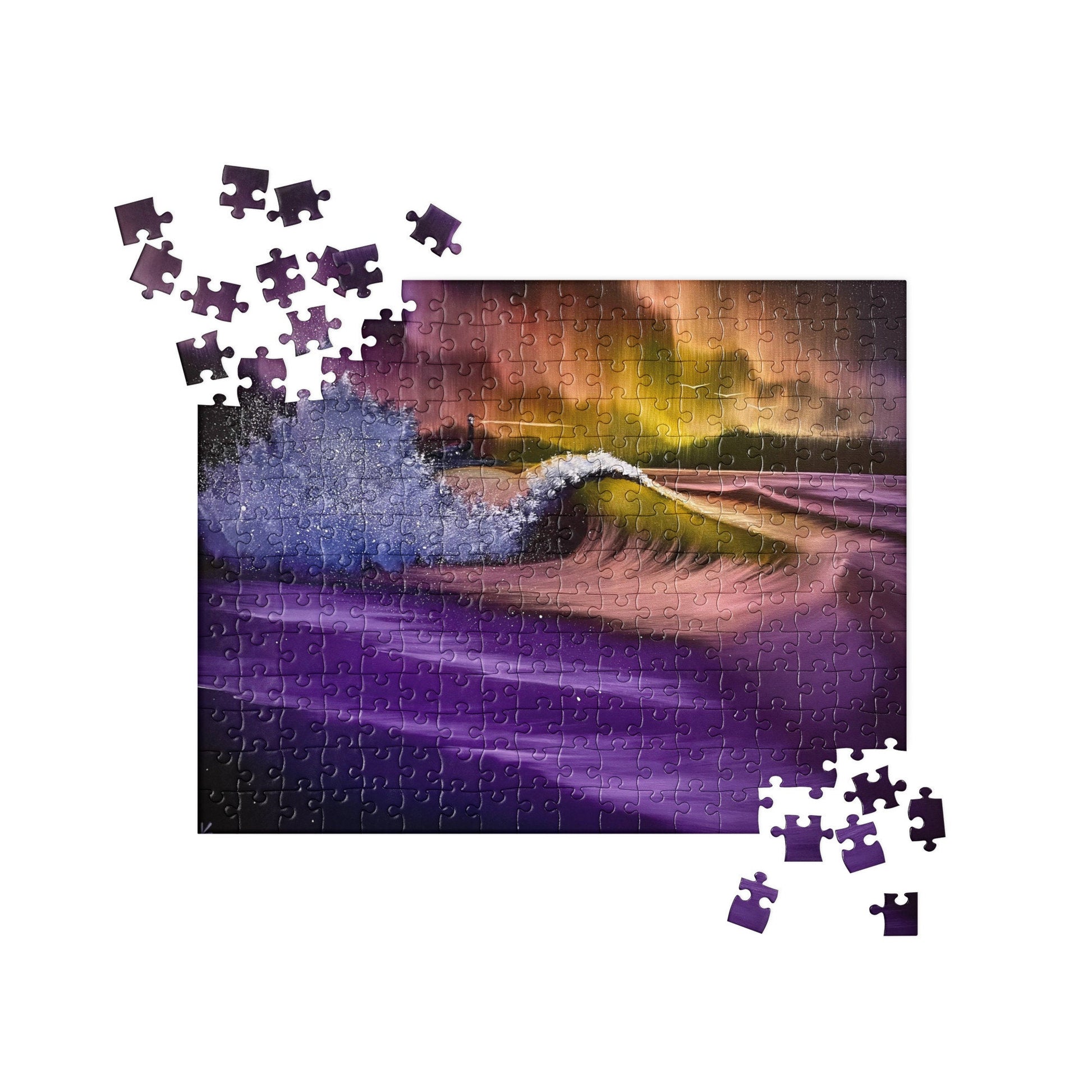 Purple Aurora Lighthouse Seascape Jigsaw Puzzle by PaintWithJosh