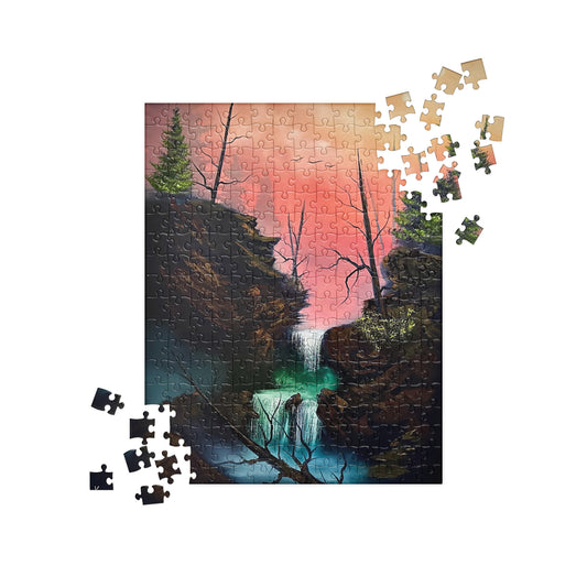 Sunset Waterfall Canyon Jigsaw Puzzle by PaintWithJosh