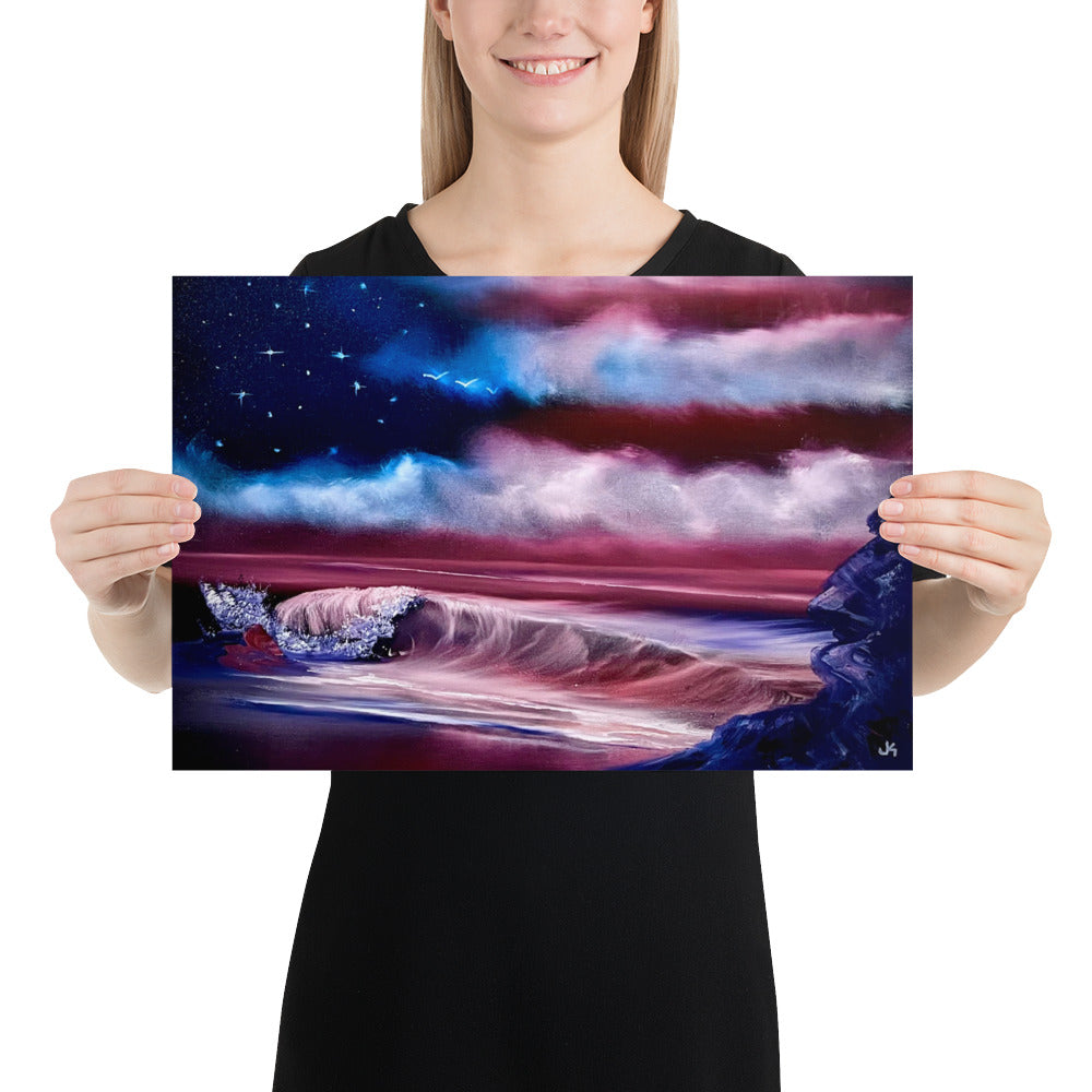 Poster Print Memorial Beach - American Flag USA Seascape Poster by PaintWithJosh