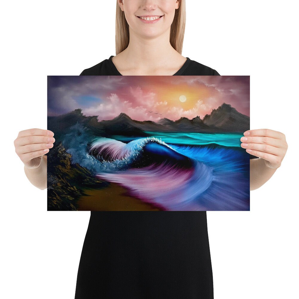 Poster Print - Sunset Seascape with Crashing Wave by PaintWithJosh