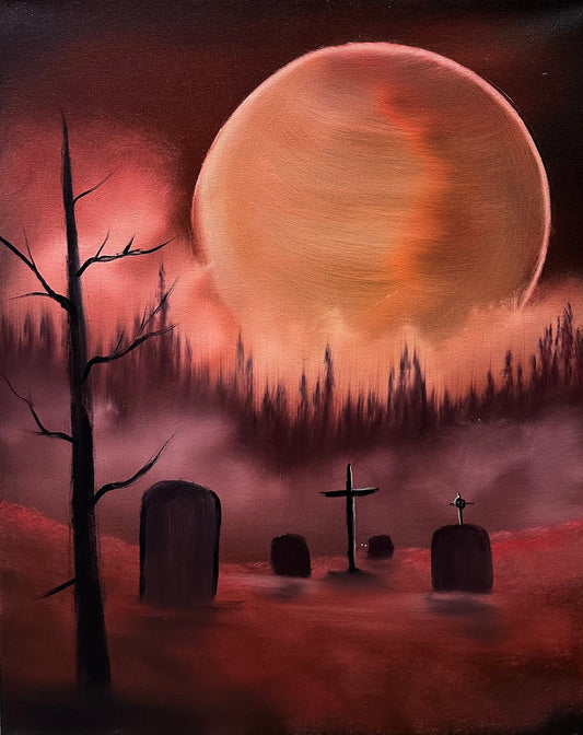 Painting 974 - 16x20" Canvas - Full Moon Cemetery Oil Landscape painted Live during class on 10/6/23 by PaintWithJosh