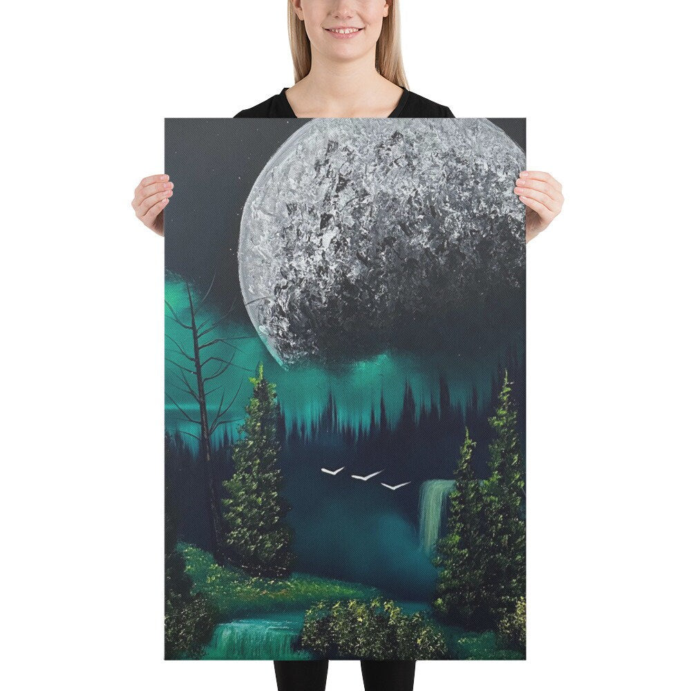 Canvas Print - Full Moon Over Forest Waterfall by PaintWithJosh