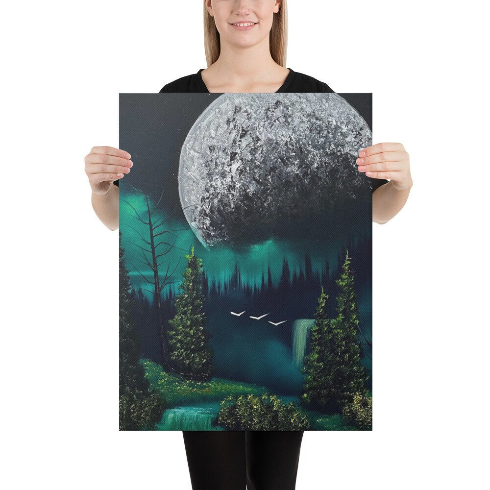 Canvas Print - Full Moon Over Forest Waterfall by PaintWithJosh