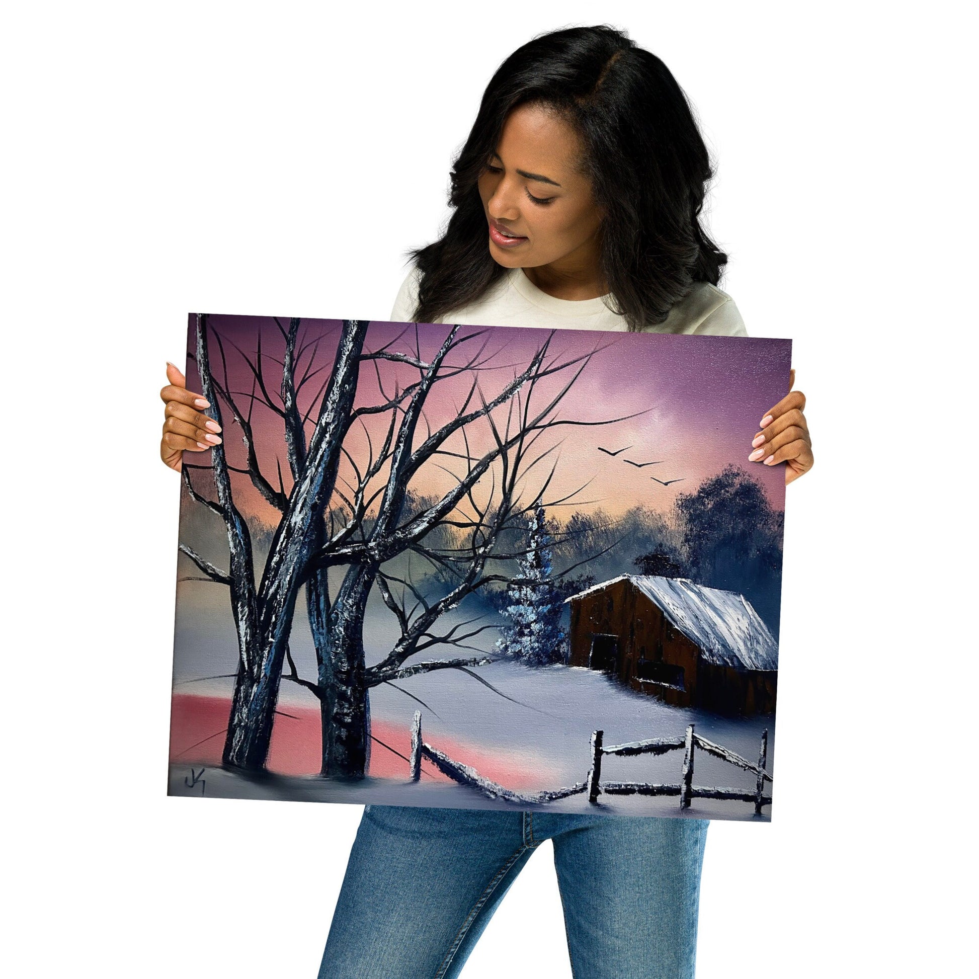 Poster Print - Sunset Winter Cabin Landscape by PaintWithJosh