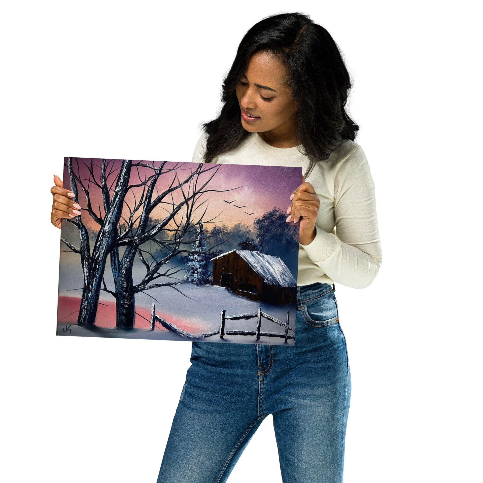 Poster Print - Sunset Winter Cabin Landscape by PaintWithJosh